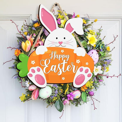 Kercan Wooden Easter Decor Rabbit Door Wreath for Front Door Sign Wall Spring Signs, Bunny Sign Welcome Hanging for Home Wall Decor Party Indoor Decoration, 10.6x11.4Inches