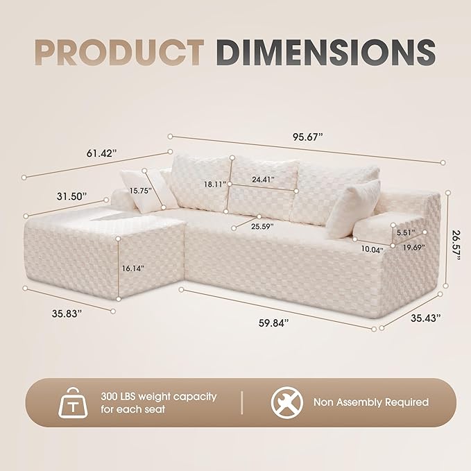 Hobestluk Modular Sectional Sofa Couches L-Shape Couch 3 Seat Modular Sofa Memory Foam Sectional Couches for Living Room, Cloud Couch with Oversized Chaise (96" Left Facing Chaise)