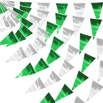 130FT Green Silver Glitter Triangle Pennant Banner Flag Metallic Bunting Fabric Garland for Christmas Graduation Wedding Engagement Anniversary Bachelorette Bridal Shower Valentine's Party Decor