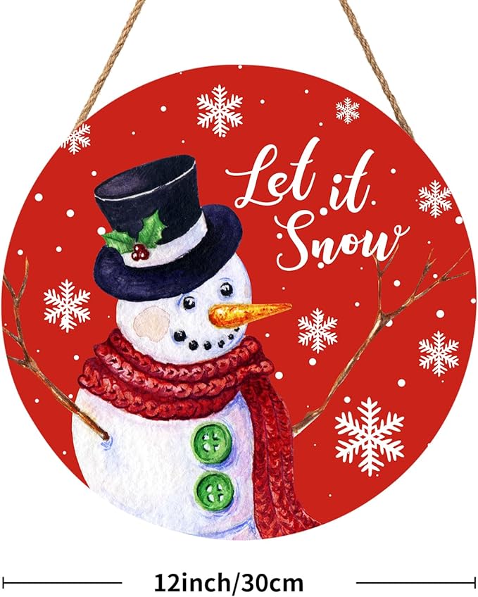 Christmas Snowman Front Door Sign Snowflake Wood Door Hanger for Outdoor Outside Porch xtmas Decorations Welcome Sign Farmhouse Round Wall Hanging Christma Wreath Xmas Decor for Home 12"x12"