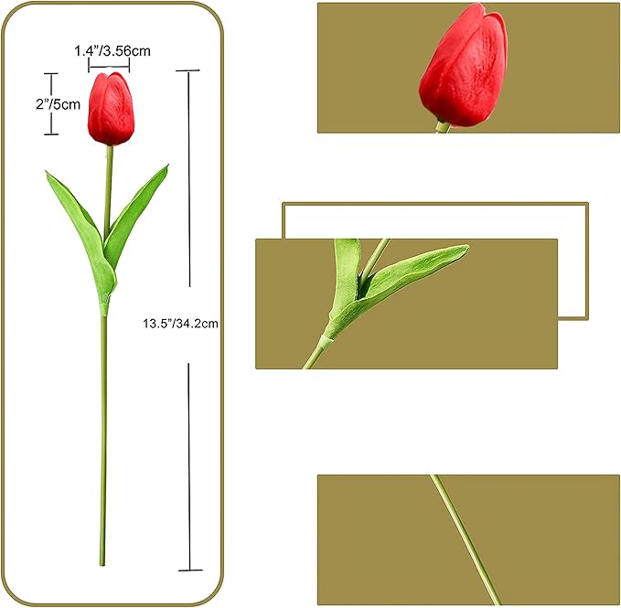 ONLY ART Artificial Red Tulips 20 Pcs – 13.5 Inch PU Faux Flowers with Bendable Stems for Home Décor, Wedding Centerpieces, DIY Floral Arrangements, Table Decorations