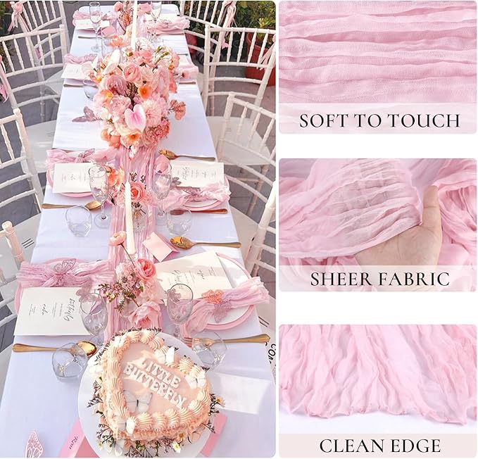 12 Pack Light Pink Table Runner Cheesecloth Rustic Sheer Gauze Table Runner 35x120 Inch for Wedding Baby Shower Bridal Shower Party Fall Thanksgiving Home Decorations