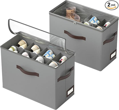 OIAHOMY 2 Pack Shoe Organizer for Closet, Foldable Shoe Storage Bins with Adjustable Dividers, Stackable Oxford Cloth Sneaker Boxes for Entryway Bedroom, Fits Up to 16 Pairs, Grey