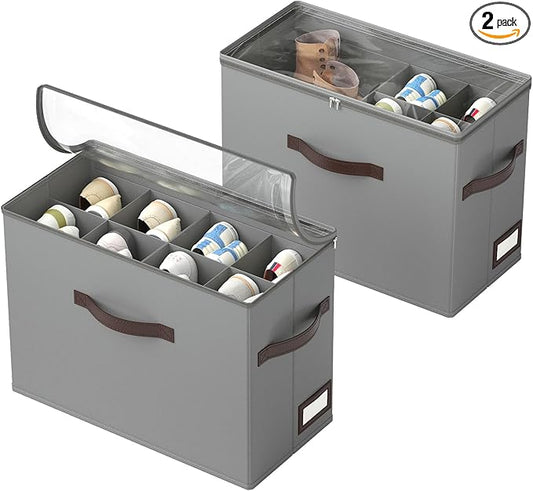 OIAHOMY 2 Pack Shoe Organizer for Closet, Foldable Shoe Storage Bins with Adjustable Dividers, Stackable Oxford Cloth Sneaker Boxes for Entryway Bedroom, Fits Up to 16 Pairs, Grey