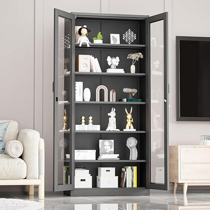 VINGLI Lockable Display Cabinet with Glass Doors & 5 Adjustable Shelves, 71" Tall Black Metal Storage Cabinet Curio Liquor, Bookshelf Bookcase for Home Office Living Room Pantry Garage