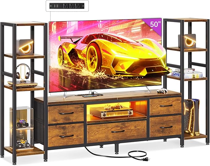 Casaottima TV Stand for 40/50/55 Inch TV, Low-Profile Entertainment Center with LED Lights & Power Outlet, TV Stand with Drawers & Open Shelves for Storage for Small Spaces/Gaming, Rustic Brown