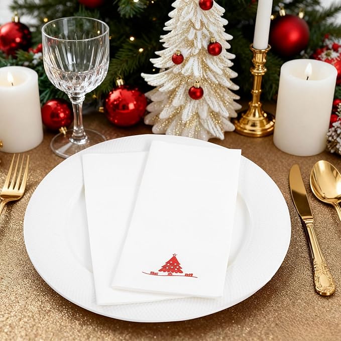 100PCS Christmas Paper Napkins - Red Christmas Tree Napkin with Built-in Flatware Pocket Prefolded Cloth-Like - Heavy-duty Linen-Feel Dinner Napkins Disposable for Xmas Events Tableware Decor