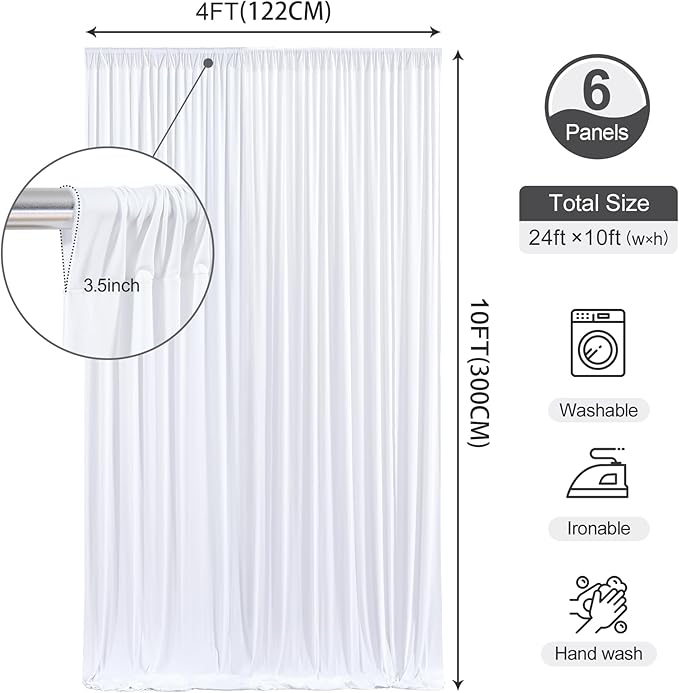 24 x 10ft White Backdrop Curtains for Wedding Photo Background Curtains Wrinkle Resistant Back Drop for Party Photoshoot Polyester Curtains Backdrop for Baby Shower Birthday Events Decor, 6 Panels