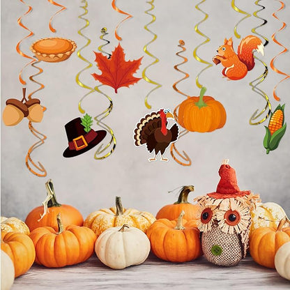 Thanksgiving Fall Hanging Swirls Party-Decorations - 24Pcs Streamers Garland,Turkey Maple Squirrel Pumpkin Ceiling Outdoor Indoor Windows Wall Autumn Baby Bridal Shower Wedding Decor Supplies Hugtmr