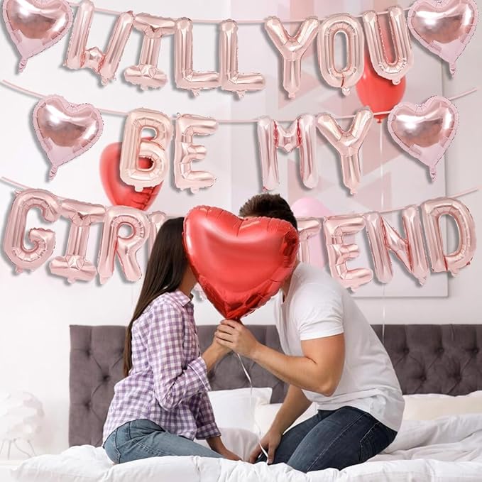 16 Inch Rose Gold Will You Be My Girlfriend Balloons-16 Inch Foil Letters Balloon Rose Gold Heart Balloon Valentines Day Balloons for Wedding Engagements Proposals Party Decorations