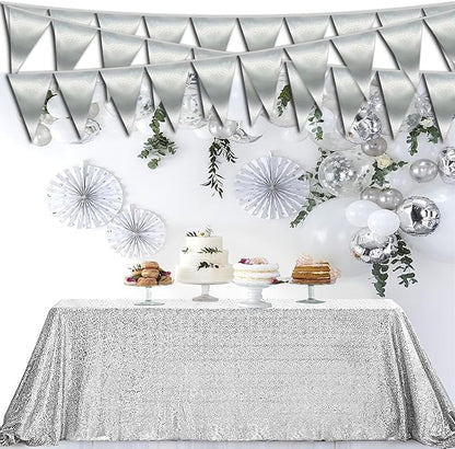 40M/130FT Silver Triangle Pennant Banner Flag Metallic Fabric Bunting Garland for Christmas Graduation Wedding Engagement Anniversary Bachelorette Birthday Bridal Shower Valentines Hen Party Supplies