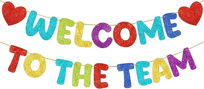 Fulmoon Pre Strung Welcome to The Team Banner with Two Heart Signs, NO DIY, Glitter Welcome Party Supplies for New Employee, Coworker, Colleague, Staff, Team Member Office Decorations (Colorful)