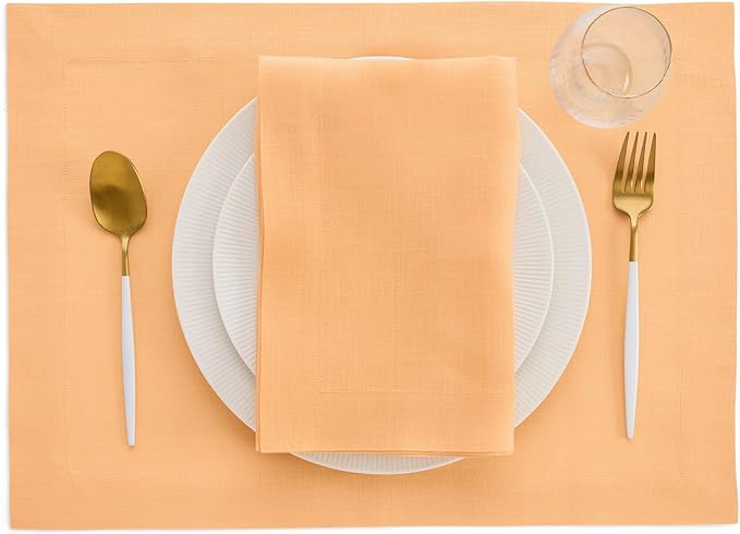 Solino Home Linen Napkins Set of 4-100% Pure Linen Peach Dinner Napkins Cloth 20 x 20 Inch - Fete, Handcrafted and Machine Washable