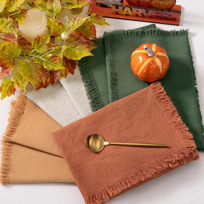 12 Pack Mixed Thanksgiving Color Cotton Linen Napkins With Fringe - Fall Cloth Set of 12 Boho Handmade Dinner Bulk for Wedding Fall Dining Table, 17 x 17