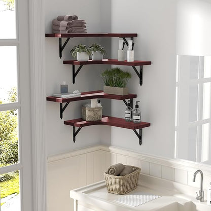 Corner Floating Shelves Wall Mounted Set of 4, Rustic Wood Storage Display Wall Shelves for Home Decor, Bathroom, Kitchen, Bedroom, Living Room, Office (Red)