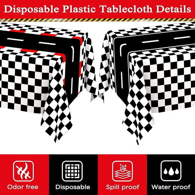 WNINK 2 Pack Race Car Table Cloth and Black White Gingham Tablecloths Disposable Plastic Buffalo Check Tablecloth Checkered Flag Covers for Birthday, Outdoor Picnic, Birthday, Camping 54 × 108 Inch