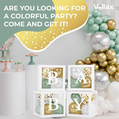 Baby Shower Boxes with Letters – White Boxes with Sage-Green, Gold, Gold Confetti, and White Balloons – 44-Piece Gender Reveal & Party Decoration Set by Vellax