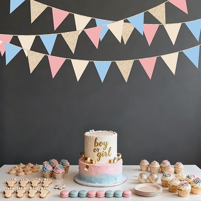 Dusty Rose Pink and Blue Beige Champagne Gold Party Decorations Pennant Banner Flag Hanging Paper Triangle Bunting for Retro Gender Reveal Baby Shower Birthday Bridal Shower Wedding Party Supplies