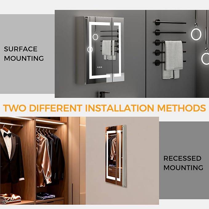 LED Bathroom Mirror 24 * 26 Stepless Dimmable Wall Mirrors with Anti-Fog, Shatter-Proof, Memory, 3 Colors, Memory Function, Water Proof, Decor Vanity Mirror