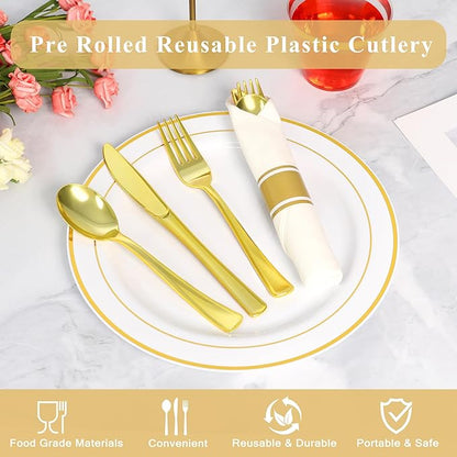 100 Pack Pre Rolled Gold Plastic Silverware Set,Wrapped Plastic Cutlery Set with Napkin Include 100 Forks,100 Spoons,100 Knives and 100 White Napkins for Party, Wedding,showers, Christmas