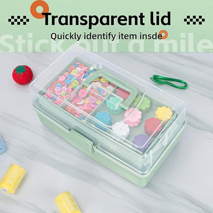 12.5in 3-Layer Multipurpose Craft Organizers and Storage with Adjustable Dividers, Portable Tackle Box, Folding Art & Craft Case for Medicine, Tool, Sewing Organizer (Haze Green)