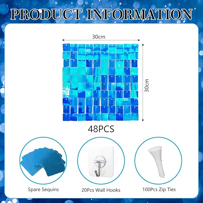 48 PCS Colorful Sky Blue Shimmer Wall Backdrop, Square Sequin Photo Backdrops Panel, Glitter Wall Background for Birthdays, Weddings, Engagements, Disco Bachelorette Party Decoration (6x8FT)
