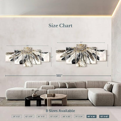 ElephantStock - Necklace Of Feathers Iii Wall Art - Horizontal Multi Panel Canvas - 5 Piece Living Room Wall Decor - Painting Multi Piece Wall Art - Brown And Gray Decor by Eva Watts - 92" x 42"