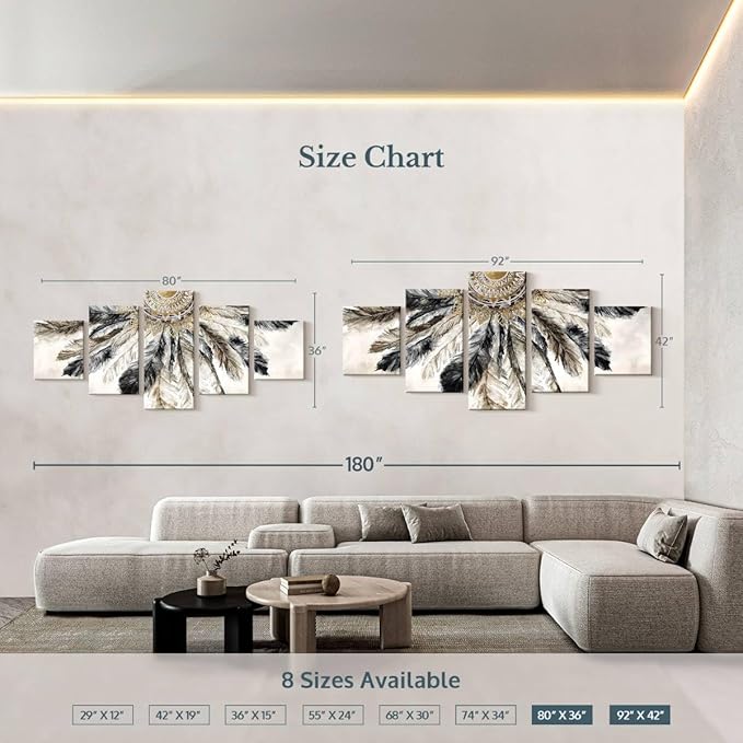 ElephantStock - Necklace Of Feathers Iii Wall Art - Horizontal Multi Panel Canvas - 5 Piece Living Room Wall Decor - Painting Multi Piece Wall Art - Brown And Gray Decor by Eva Watts - 80" x 36"