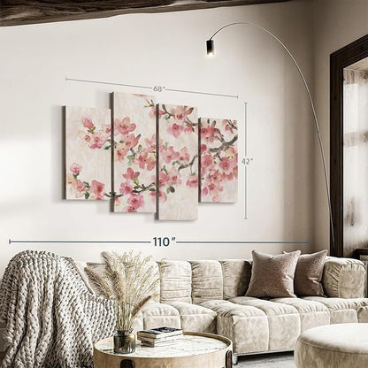 Elephant Stock Cherry Blossom Composition I Wall Art - Horizontal Canvas - 4-Piece Living Room Wall Decor - Branch Painting Canvas Print - Pink and Green Decor for Wall by Tim O'Toole - 68" X 42"