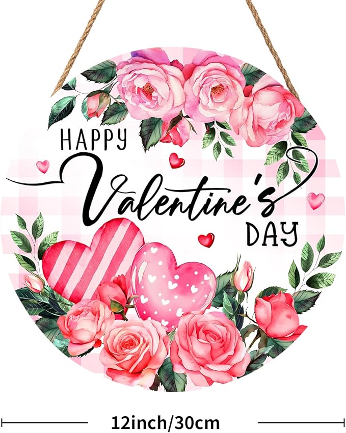 Happy Valentine's Day Rose Flower Front Door Sign Valentines Flower Wooden Door Hanging Sign 12x12 Inch Valentines Day Decorations Outdoor Outside Porch for Anniversary Wedding Farmhouse Holiday