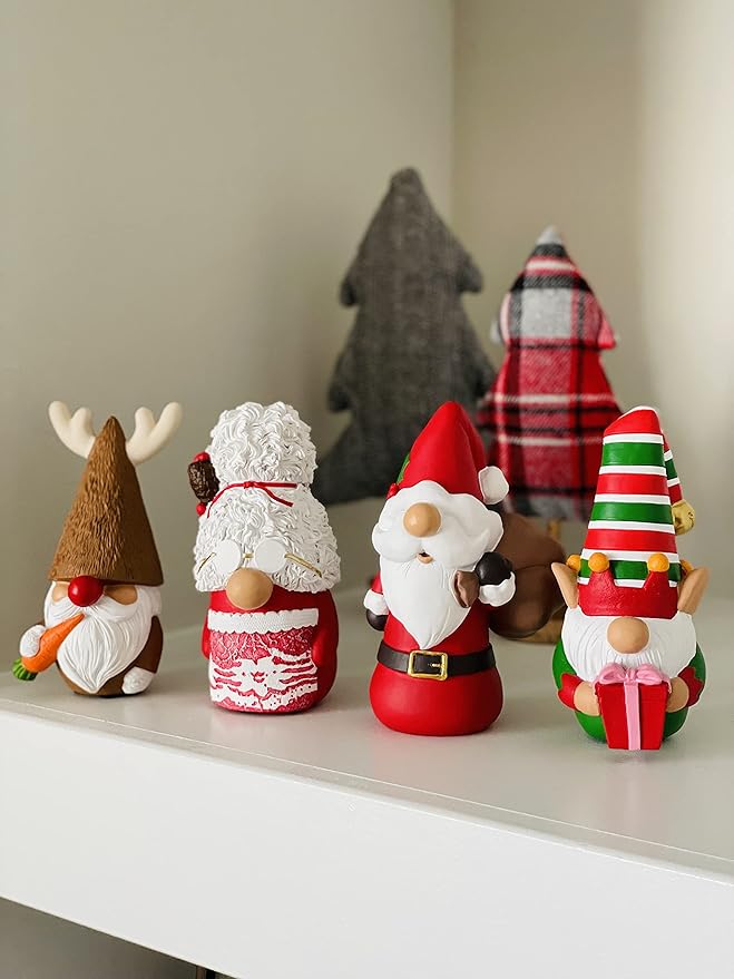 Madanar Resin Christmas Gnomes 4 Piece Set Tiered Tray Shelf Kitchen Table Holiday Decorations - Elf, Santa, Mrs. Claus, & Reindeer (Christmas)