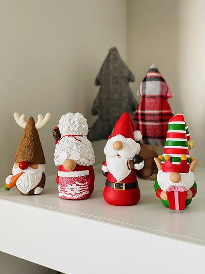 Madanar Resin Christmas Gnomes 4 Piece Set Tiered Tray Shelf Kitchen Table Holiday Decorations - Elf, Santa, Mrs. Claus, & Reindeer (Christmas)