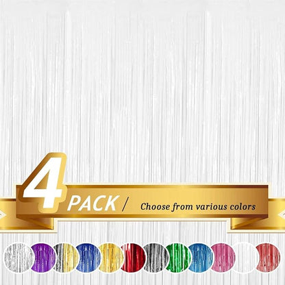 BTSD-home White Foil Fringe Curtain, Metallic Photo Booth Backdrop Tinsel Door Curtains for Wedding Birthday Bridal Shower Baby Shower Bachelorette Christmas Party Decorations(4 Pack, 12ft x 8ft)
