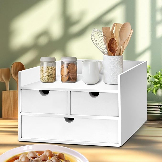 Bamboo Desk Organizer 3 Drawer with Shelf, Countertop Organizer with Drawers Makeup Storage Drawer 3 Drawers Tabletop Storage Organization Box Home Office Workspace（White）