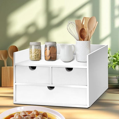 Bamboo Desk Organizer 3 Drawer with Shelf, Countertop Organizer with Drawers Makeup Storage Drawer 3 Drawers Tabletop Storage Organization Box Home Office Workspace（White）