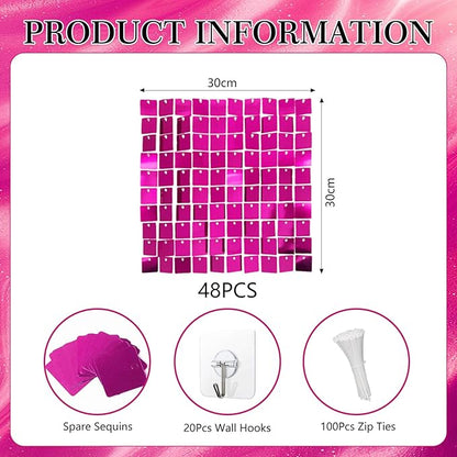 48 PCS Fuchsia Shimmer Wall Backdrop, Square Sequin Photo Backdrops Panel, Glitter Wall Background for Birthdays, Weddings, Christmas, Engagements, Disco Bachelorette Party Decoration (6FTx8FT)
