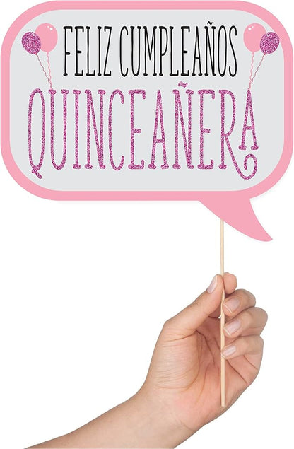 Quinceanera Photo Booth Props - 41-pc Photobooth Kit with 8 x 10-Inch Sign, 60 Adhesive Pads, 45 Sticks - Sweet 15 Photo Booth Props - Decoracion para 15 Años Quinceañeras