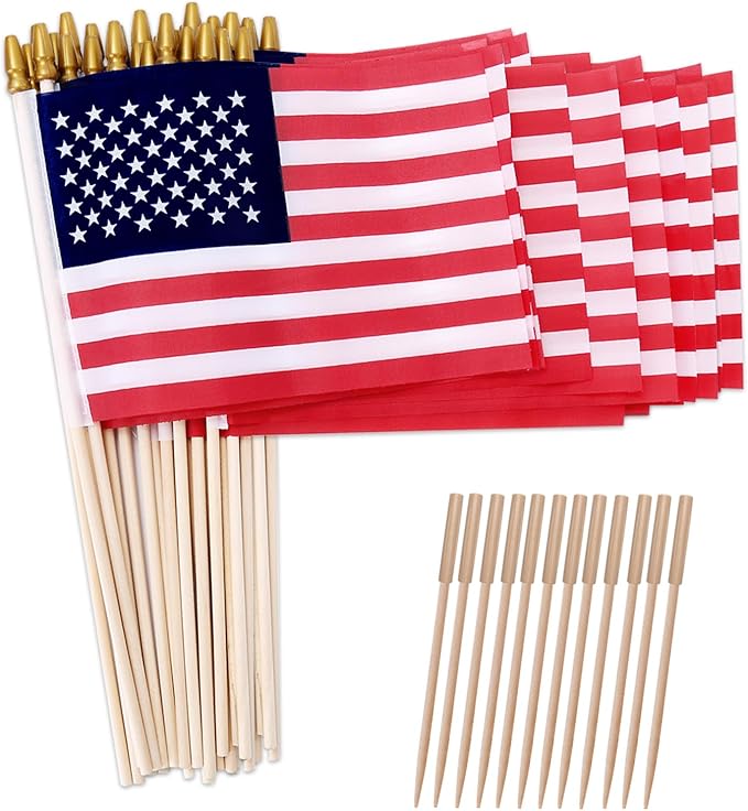 50 Pack 8x12 Inch American Flags on Stick, US Flag/U.S. Flags for Outside, 4th of July Decorations, US American Hand Held Stick Flags with Kid-Safe Spear Top, Polyester Full Color Tear-Resistant Flag