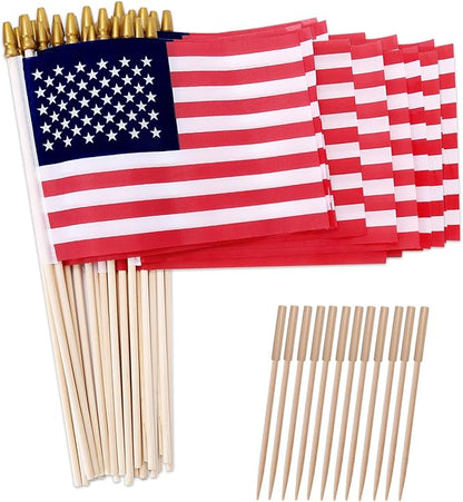 50 Pack 8x12 Inch American Flags on Stick, US Flag/U.S. Flags for Outside, 4th of July Decorations, US American Hand Held Stick Flags with Kid-Safe Spear Top, Polyester Full Color Tear-Resistant Flag