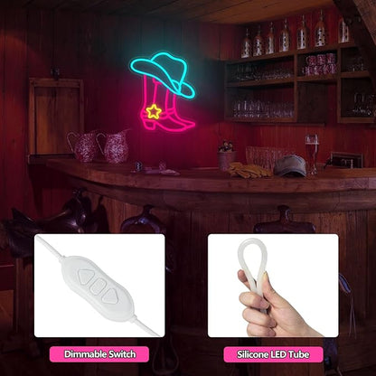 Cowboy Boot Neon Sign, Neon Cowboy Hat Sign,LED Pink Western Cowgirl Boots Neon Lights Sign for Wall Decor, Cowboy Hats Neon Light Up Signs USB Powered for Bedroom Art, Game Room Party, Birthday Party, Christmas