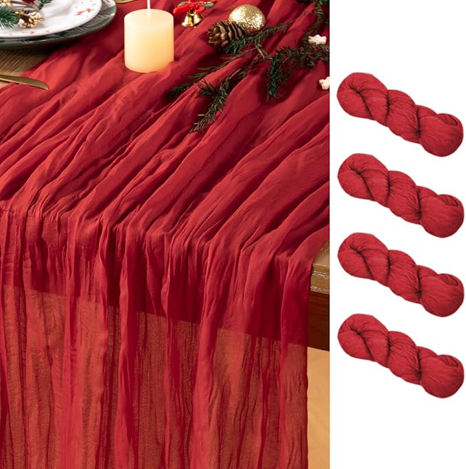 Red Cheesecloth Table Runner 4 Pack Christmas Table Runners Boho Gauze 120 Inches Red Cheese Cloth Table Decor for Xmas Holiday Season Parties Weddings Bridal Baby Shower Candlelight Dinner