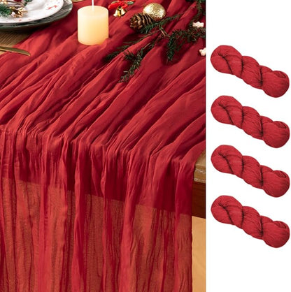 Red Cheesecloth Table Runner 4 Pack Christmas Table Runners Boho Gauze 120 Inches Red Cheese Cloth Table Decor for Xmas Holiday Season Parties Weddings Bridal Baby Shower Candlelight Dinner