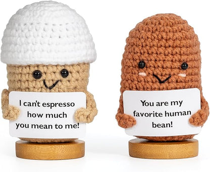 2 Pcs Coffee Gifts Mini Emotional Support Crochet Coffee Bean Set - Espresso Love And Favorite Human Bean, Cool Emotional Support Plush Gift for Latte Lover, Crochet Office Decor for Women Men