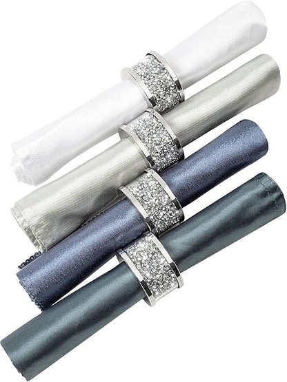 Silver Diamond Napkin Ring Glass Framed, Crystal Dinning Cloth Rings Set of 4 Piece, Glam Serviette Buckle Cloth Holder Sparkle Bling Crushed Diamond Table Decor Accessories