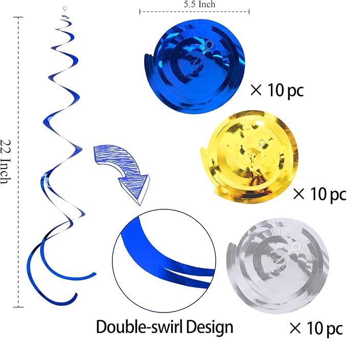 30Pc Party Swirl Decorations Foil Swirl Hanging Decoration Plastic Streamer for Ceiling 22 in Navy Party Decor (Blue,Gold and Silver)