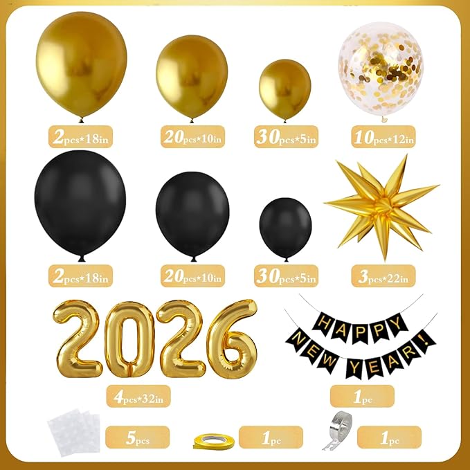 140Pcs New Year Decorations 2026 Balloons Arch - Party Supplies 2026 with Black & Gold 2026 Balloons, Happy New Year Banner - Perfect for Eve Celebrations