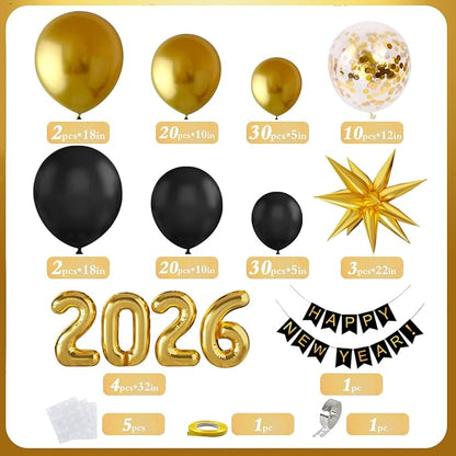140Pcs New Year Decorations 2026 Balloons Arch - Party Supplies 2026 with Black & Gold 2026 Balloons, Happy New Year Banner - Perfect for Eve Celebrations