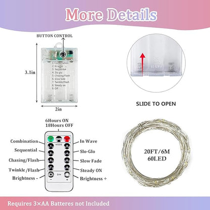 4 Pack Multicolor Fairy Lights Battery Operated with Remote, Waterproof 20FT 60LED Cuttable Twinkle Lights with Timer Indoor Outdoor, String Light for Bedroom, Classroom, Wedding, DIY, Christmas Décor