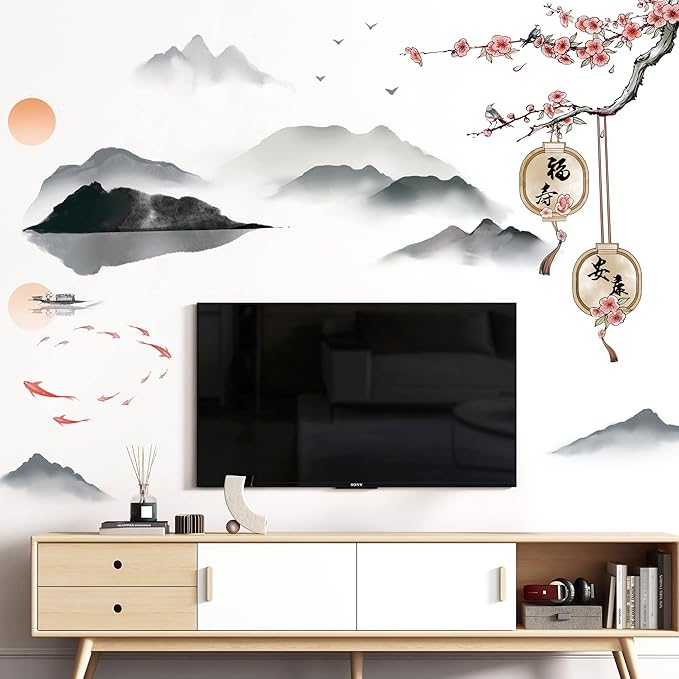 Removable 3D Chinese Style Landscape Mountain Water Wall Decals Chinese Characters Family and Peace with Plum Flower Tree Branches Wall Murals for Bedroom Living Room TV Sofa Background