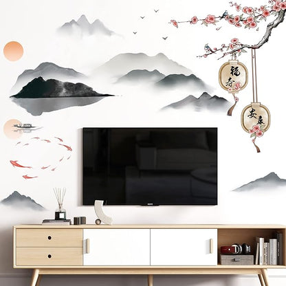 Removable 3D Chinese Style Landscape Mountain Water Wall Decals Chinese Characters Family and Peace with Plum Flower Tree Branches Wall Murals for Bedroom Living Room TV Sofa Background